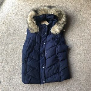 Blue puffer vest detachable faux fur trimmed hood